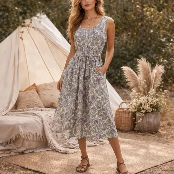 Vintage New Looks Granny floral wide strap belted sundress womens*16 Modest Boho - Picture 1 of 14